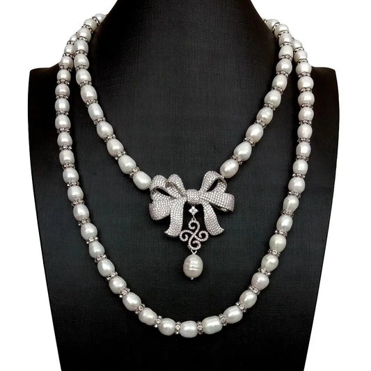 2 Rows Freshwater White Rice Pearl Necklace Bowknot Cubic Zirconia Pave Pendant