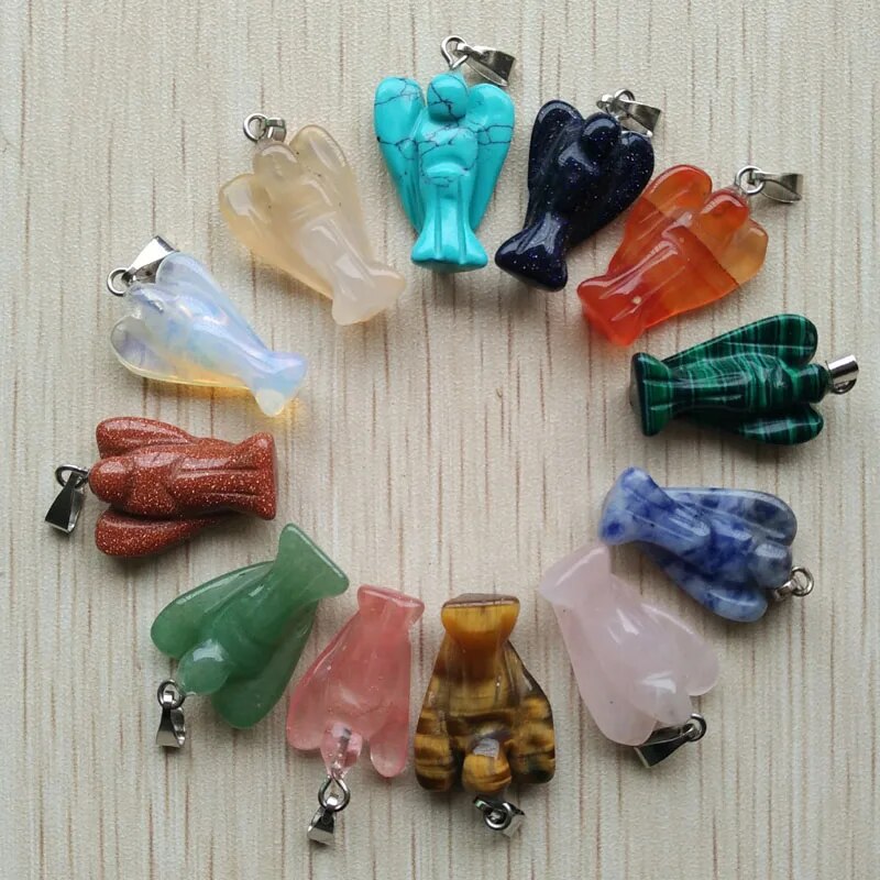 12pcs/lot Mixed natural Stone Carved Angel charms Pendants  for Necklace making jewelry