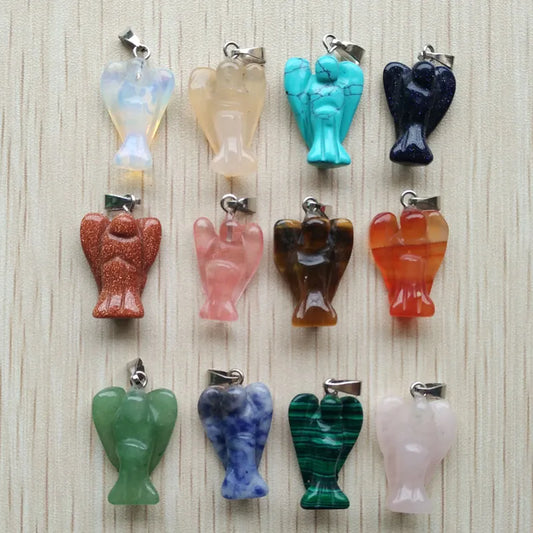 12pcs/lot Mixed natural Stone Carved Angel charms Pendants  for Necklace making jewelry