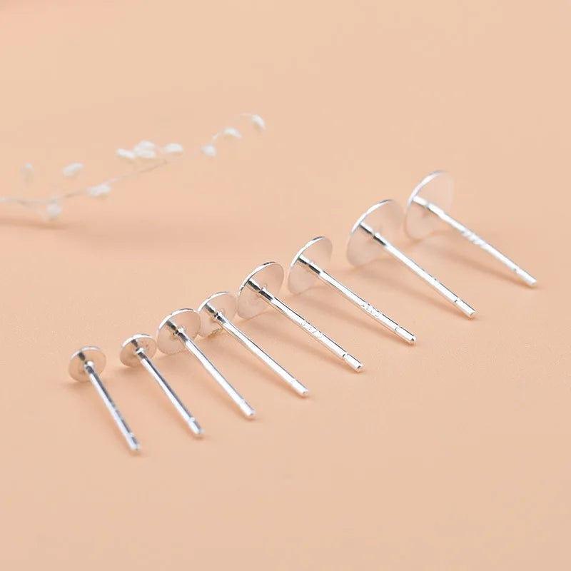 3~8mm Solid 925 Sterling Silver Earring Stud Needle Post Flat Base Pins Settings-10pcs