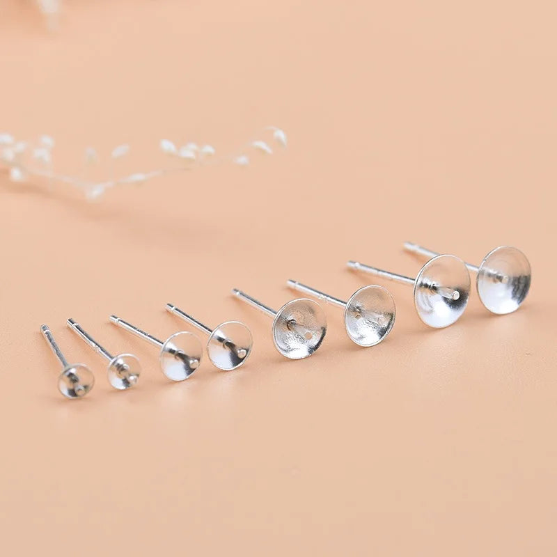 10pcs Solid 925 Sterling Plain Silver Earring Stud Needle Post Bow Head Base Pins 3~8mm Settings DIY Jewelry Making