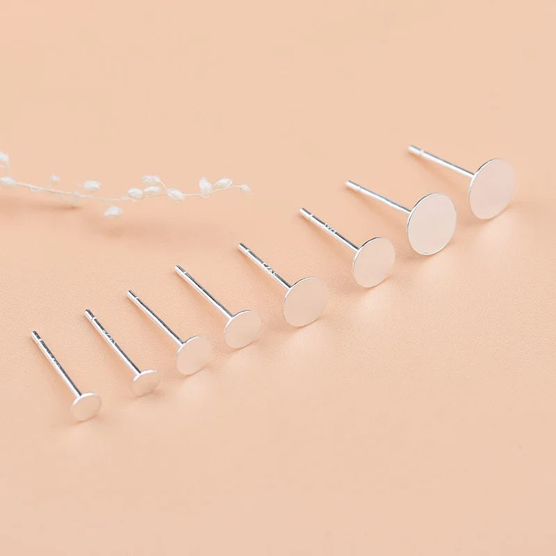 3~8mm Solid 925 Sterling Silver Earring Stud Needle Post Flat Base Pins Settings-10pcs