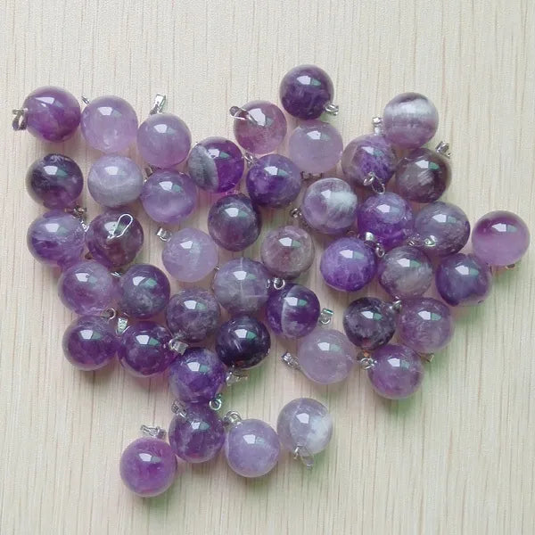 50pcs/lot natural amethyst stone round ball 14mm charms pendants for jewelry making wholesale