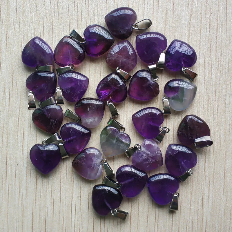 50pcs/lot High Quality Natural Purple Amethyst Crystal love heart pendulum pendant 16mm for diy jewelry making