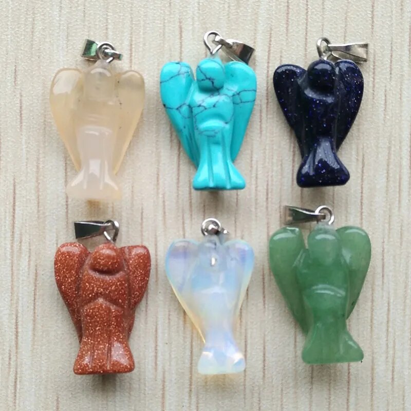 12pcs/lot Mixed natural Stone Carved Angel charms Pendants  for Necklace making jewelry