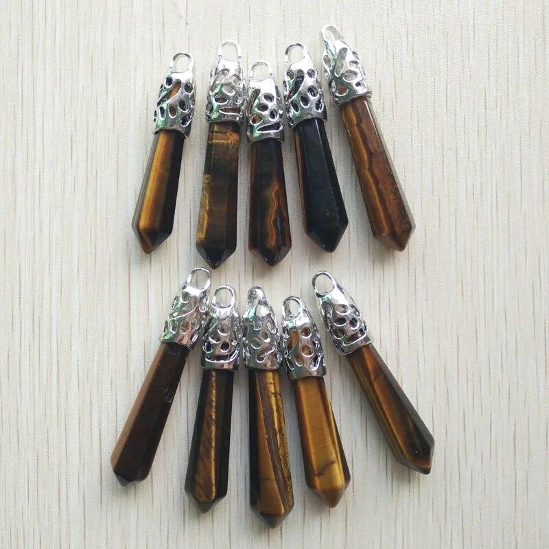 10pcs/Lot Natural tiger eye stone pendulum Hexagonal pillar pendants 12x50mm for Diy Jewelry Making