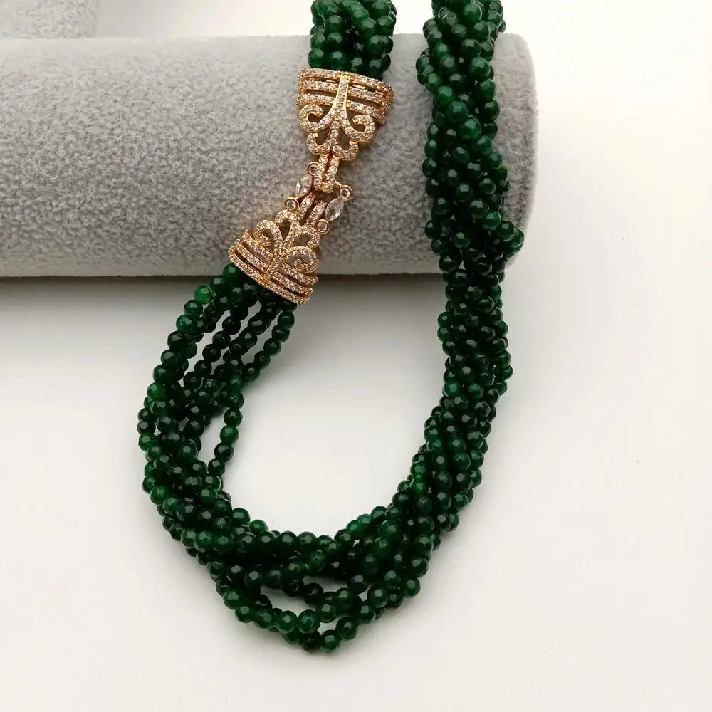 4 Strands 4mm Faceted Round Green Jade Multi Strands Necklace CZ Pave clasp 19"