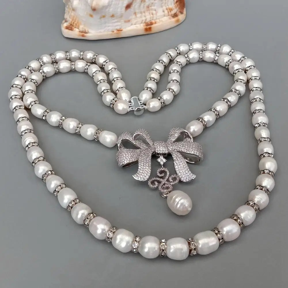 2 Rows Freshwater White Rice Pearl Necklace Bowknot Cubic Zirconia Pave Pendant