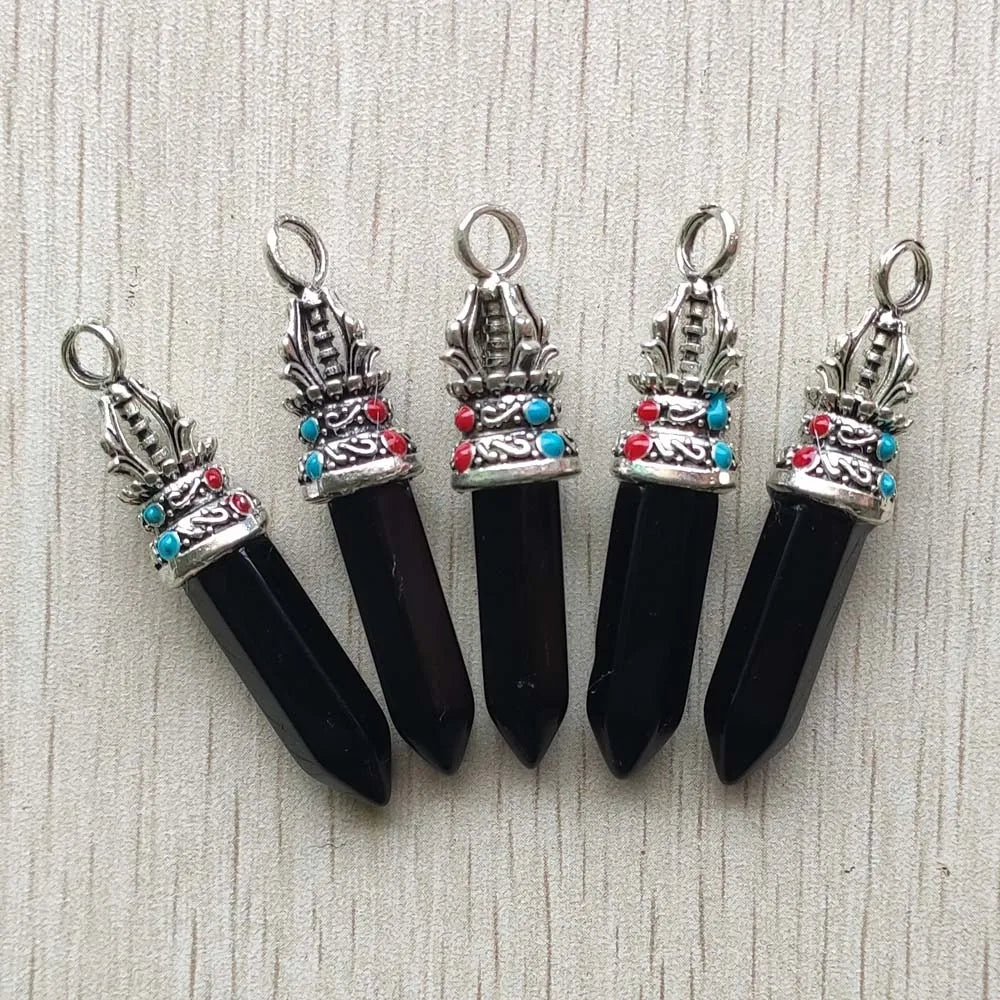 24pcs/lot Natural black onyx pillar charms Pendants for jewelry accessories marking