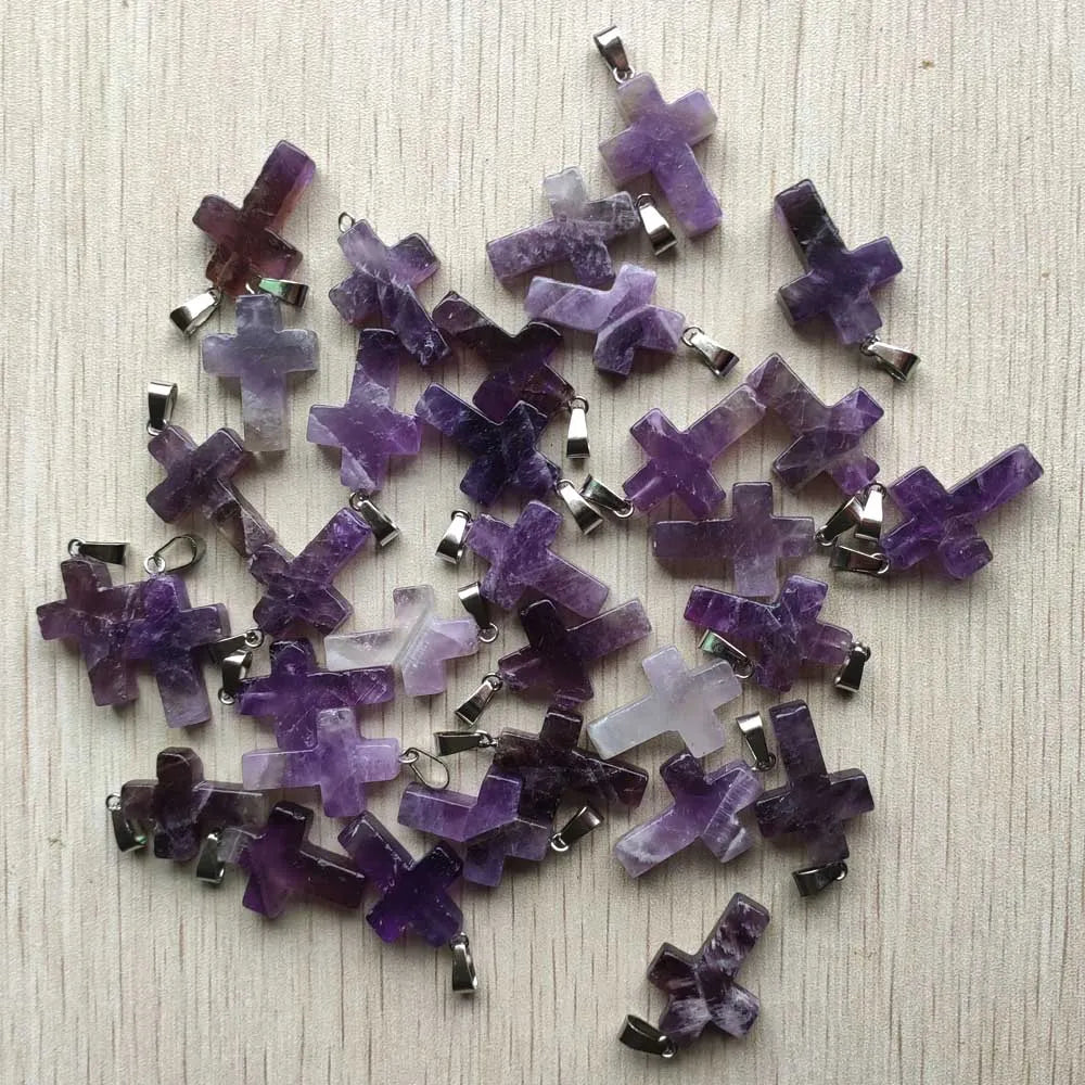 36pcs/lot Beautiful Natural Amethysts stone Cross shape charms pendants for jewelry accessories making