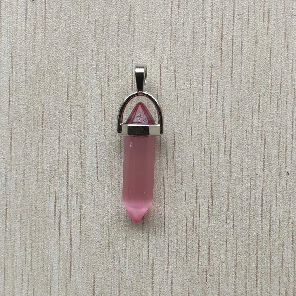 24pcs/lot  Pink Cat Eye stone pillar charms point chakra pendants for jewelry making