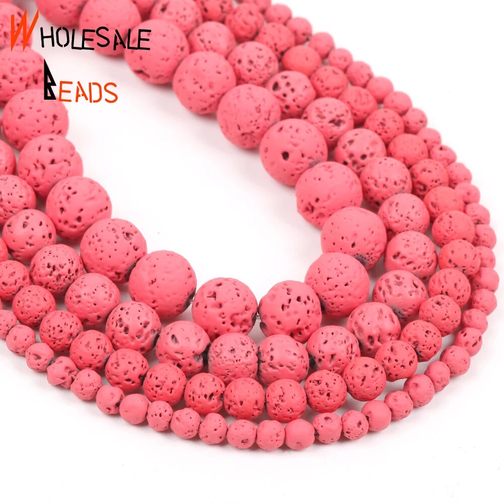 4-10mm Natural Stone Rose Red Volcanic Rock Lava Round Spacer Loose Beads For DIY Jewelry Making -15"strand