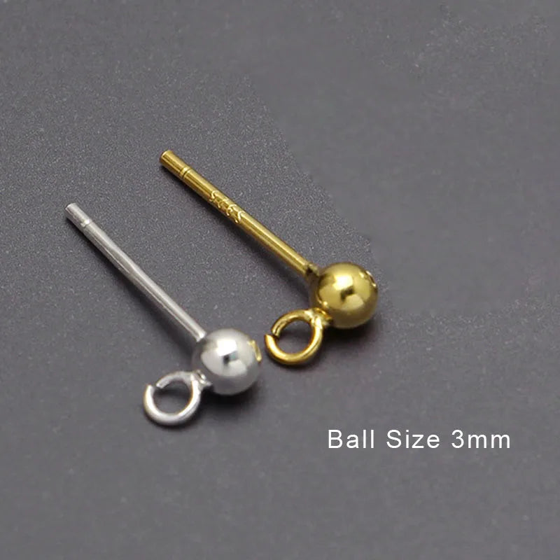 8pcs Solid 925 Sterling Silver Earring Post Base Pins With Ring Round Ball Earring Needle