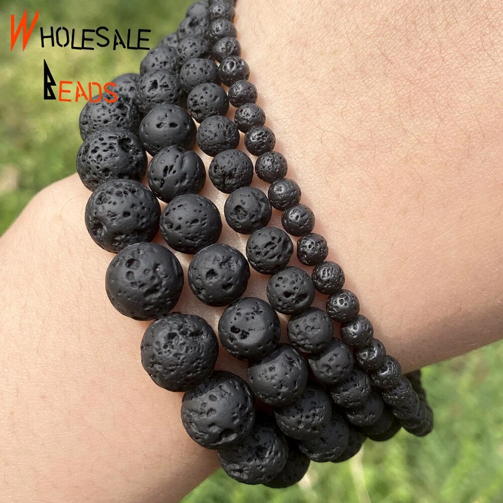 4-10mm Natural Stone Black Volcanic Rock Lava Round Spacer Loose Beads For DIY Jewelry Making Necklace Bracelet Accessories 15'' strand