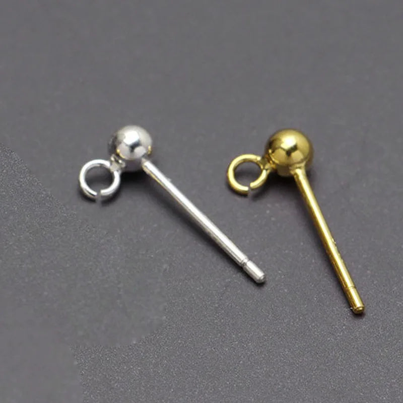 8pcs Solid 925 Sterling Silver Earring Post Base Pins With Ring Round Ball Earring Needle