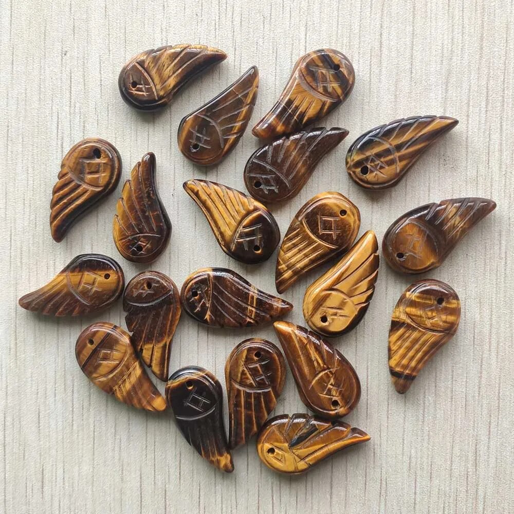 12pcs/lot Natural tiger eye stone carved angel wings pendants for jewellery making