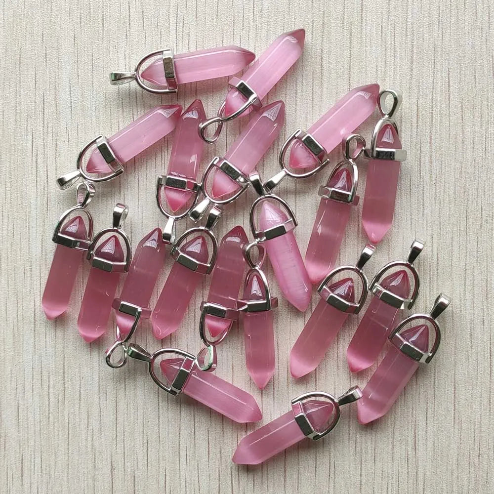 24pcs/lot  Pink Cat Eye stone pillar charms point chakra pendants for jewelry making