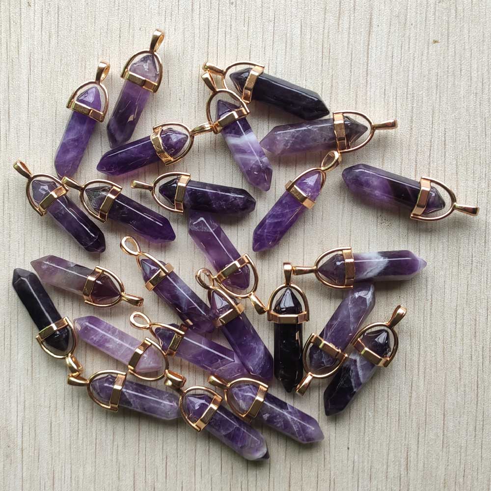 24pcs/lot natural amethysts stone gold color alloy pillar charms pendants for jewelry making