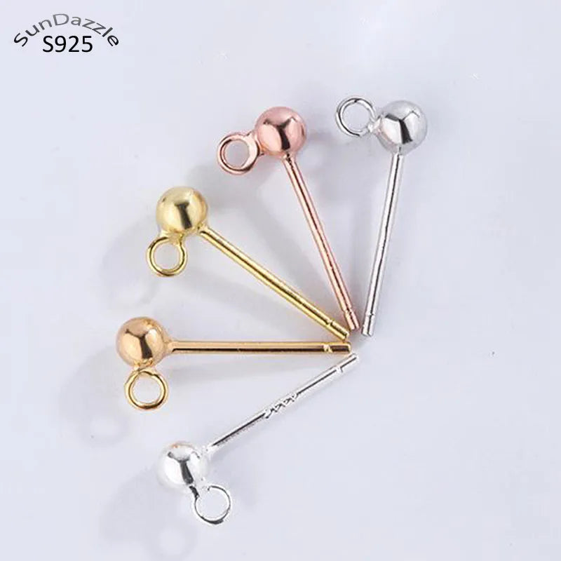 8pcs Solid 925 Sterling Silver Earring Post Base Pins With Ring Round Ball Earring Needle