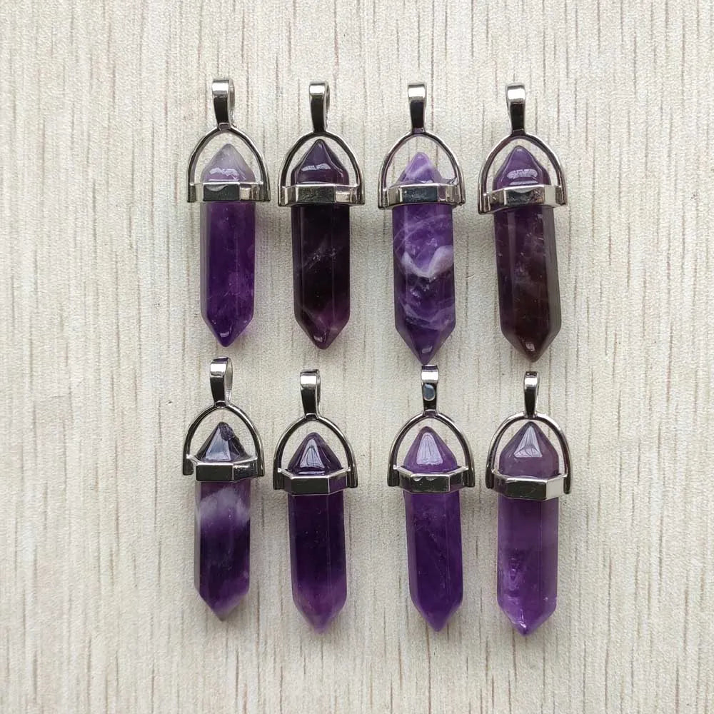 24pcs Amethyst Natural stone Hexagonal pillar healing Reiki Point Pendulum pendants for jewelry making