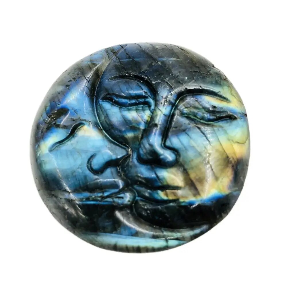 Natural Labradorite Carving Sun Moon Face Hand Carved Craft Ornaments Reiki Minerals Meditation Room Decoration Gifts