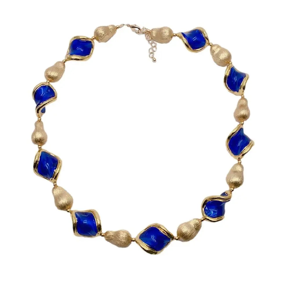 Blue Murano Glass Gold Plated Brushed Bead Necklace Collar Choker Necklace