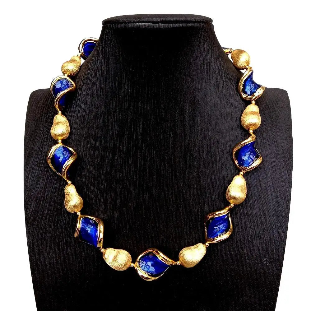 Blue Murano Glass Gold Plated Brushed Bead Necklace Collar Choker Necklace