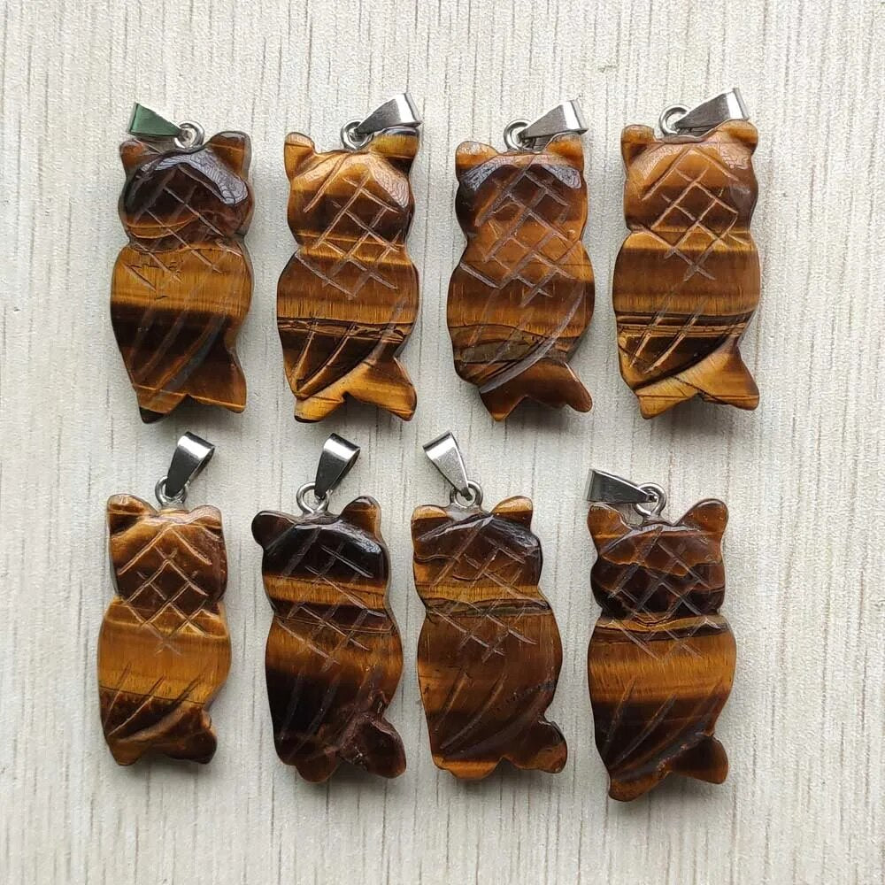 8pcs/lot natural tiger eye stone carved owl pendants for jewelry accessories making wholesale