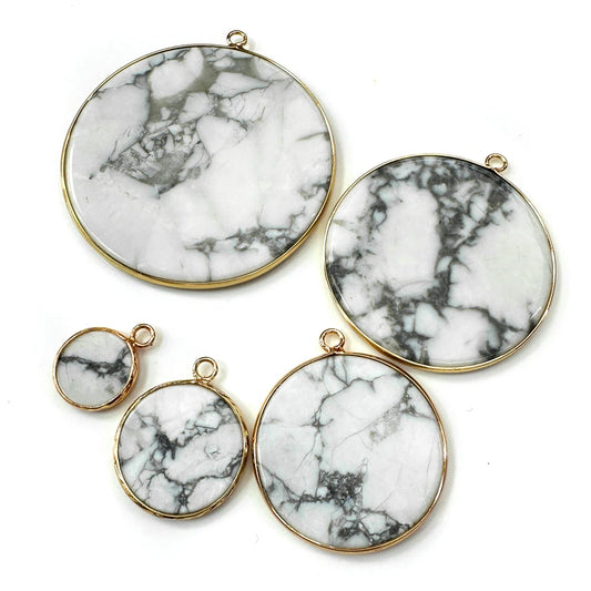 White Howlite Disk Round Flat Stone Reiki Healing Pendant Charm 18K Gold Plated
