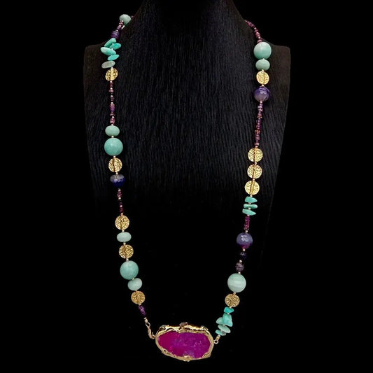 Amazontie Sea Sediment Jasper Agate Slice Long Necklace Gemstone Nekclace