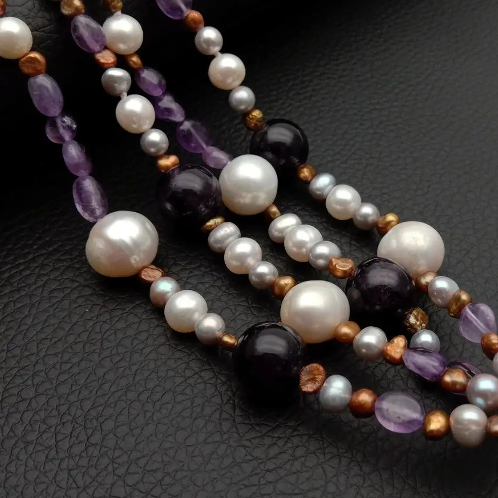 2 Rows Cultured White Pearl Amethyst Necklace Amethyst Point Druzy Pendant