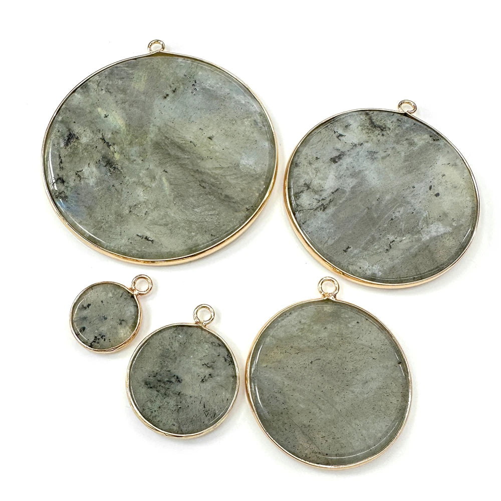 Labradorite Disk Round Flat Stone Reiki Healing Pendant Charm 18K Gold Plated