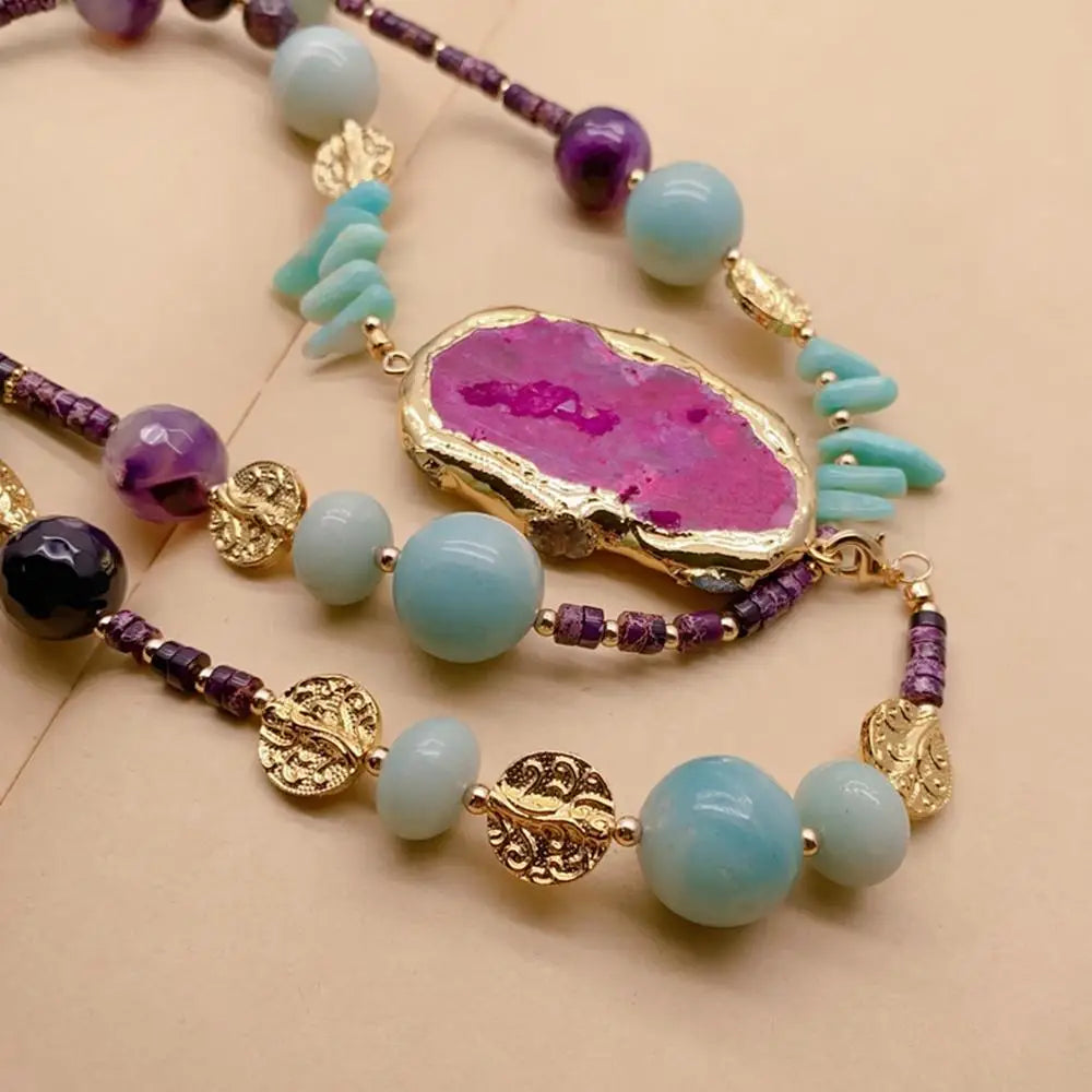 Amazontie Sea Sediment Jasper Agate Slice Long Necklace Gemstone Nekclace