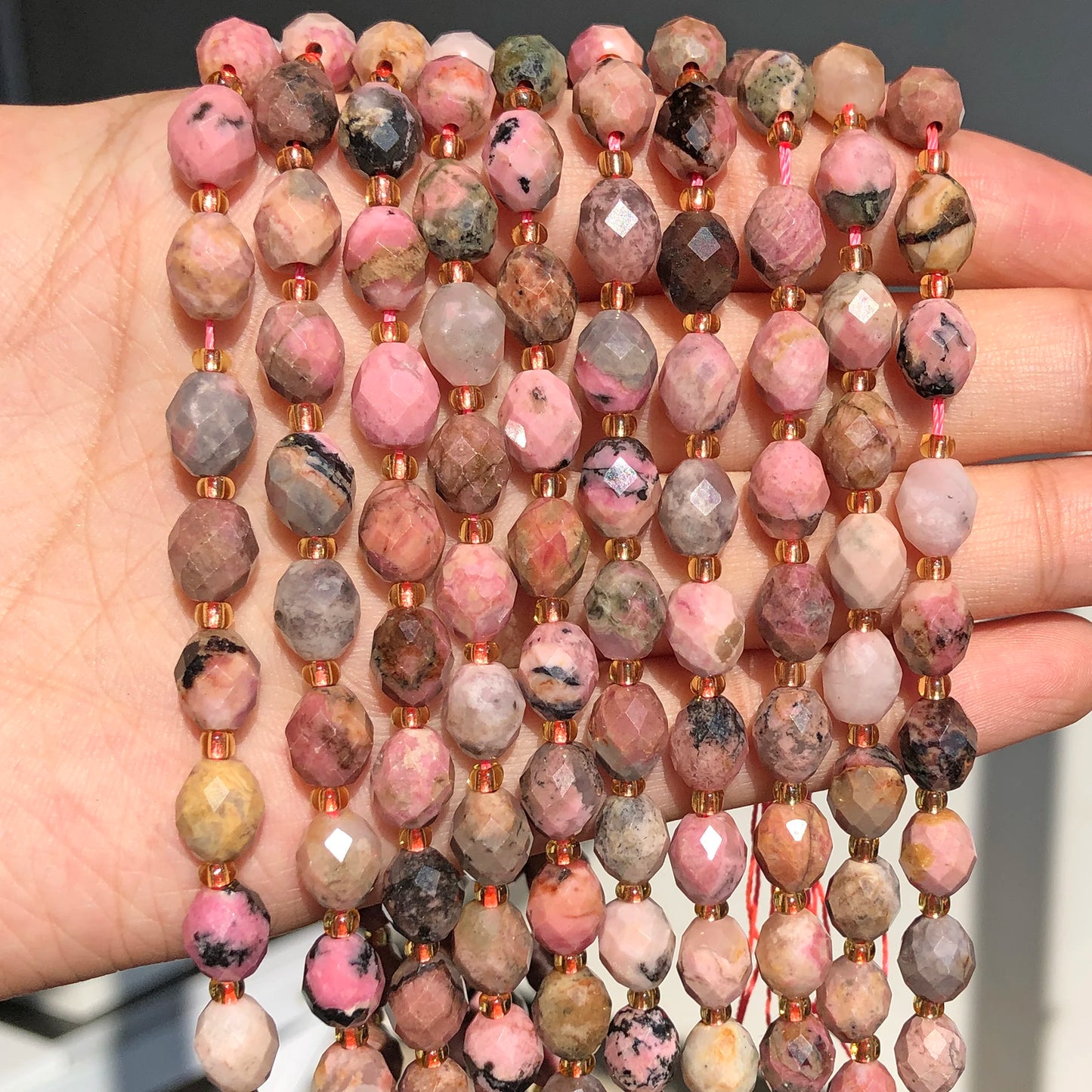 8x7mm AAA Faceted Oval Rhodonite Beads Natural Stone Pink Rice Shape