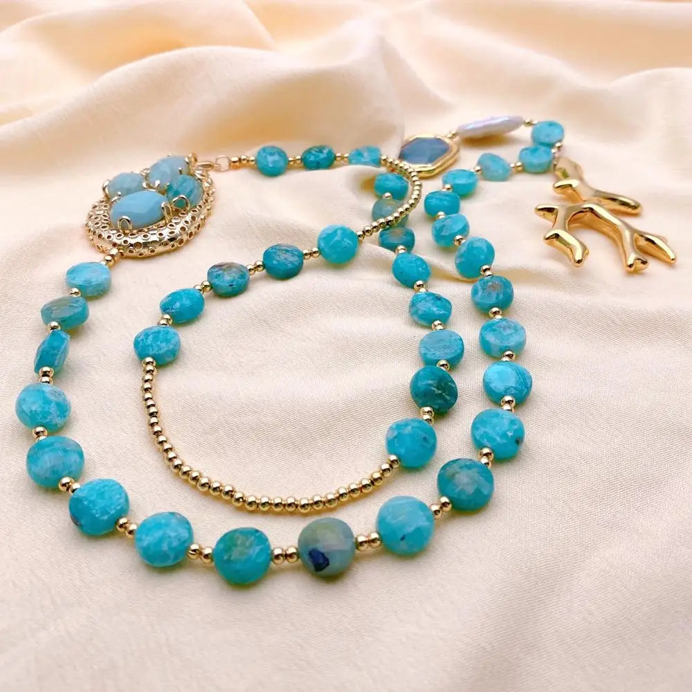 Natural Gemstone Long Necklace Green Amazonite White Keshi Pearl Resin Charm