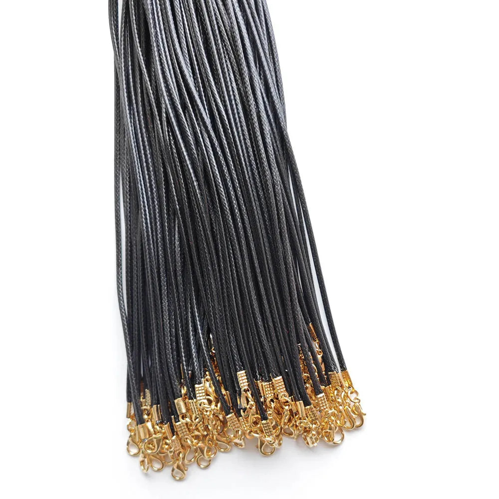 100pcs 1.5mm 2mm Black Wax Leather Cord AdjustableGold Chain 45+5cm Lobster Clasp Necklaces Jewelry Making