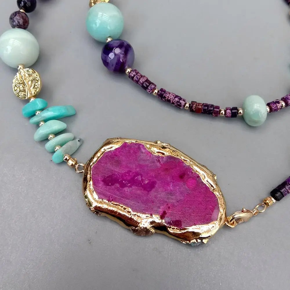 Amazontie Sea Sediment Jasper Agate Slice Long Necklace Gemstone Nekclace