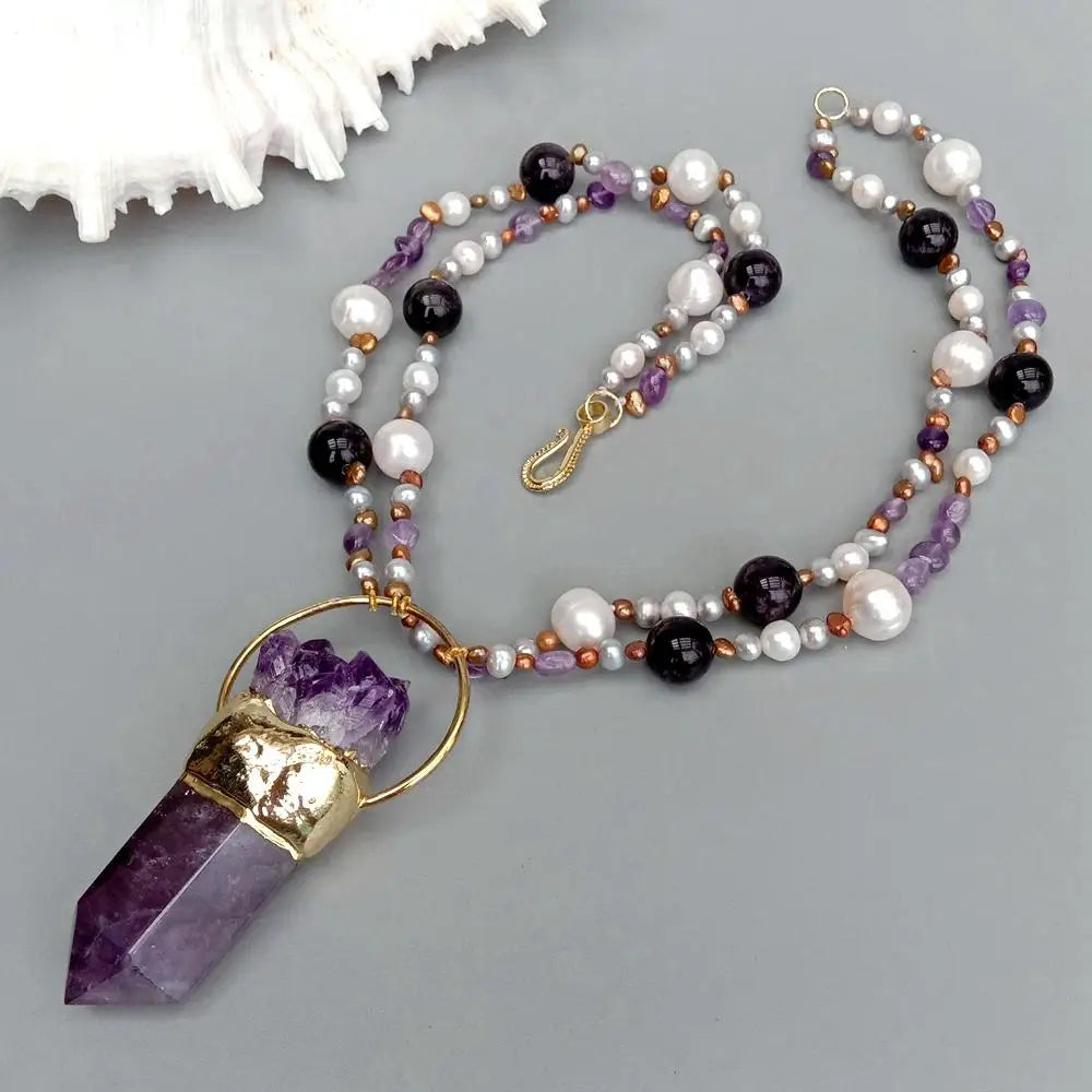 2 Rows Cultured White Pearl Amethyst Necklace Amethyst Point Druzy Pendant