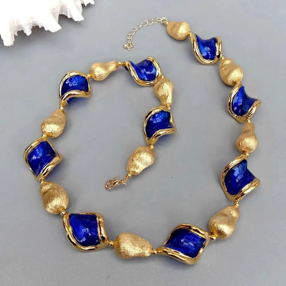 Blue Murano Glass Gold Plated Brushed Bead Necklace Collar Choker Necklace
