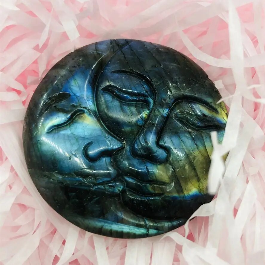 Natural Labradorite Carving Sun Moon Face Hand Carved Craft Ornaments Reiki Minerals Meditation Room Decoration Gifts