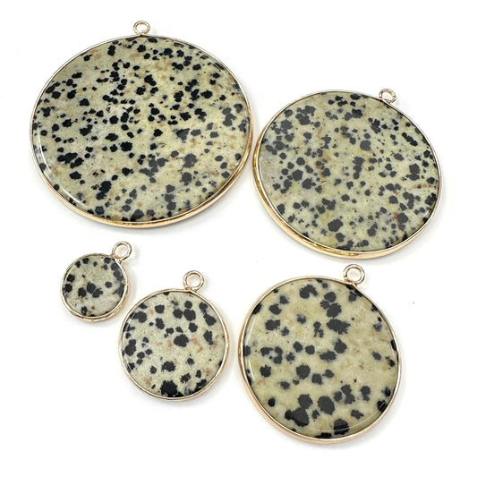 Dalmatian Jasper Disk Round Flat Stone Healing Pendant Charm 18K Gold Plated