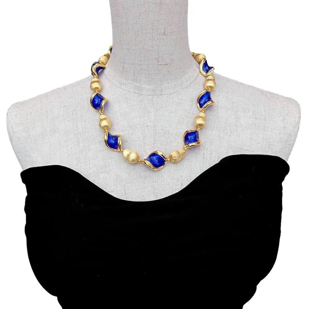 Blue Murano Glass Gold Plated Brushed Bead Necklace Collar Choker Necklace