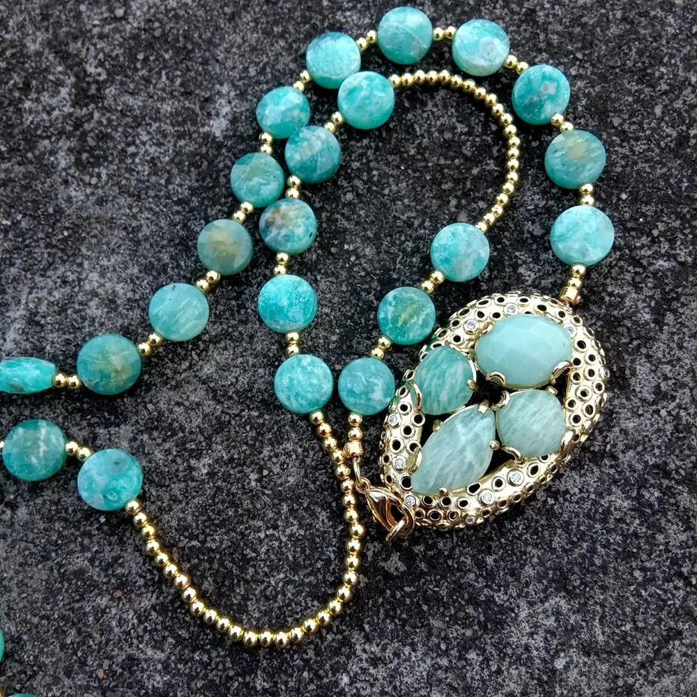 Natural Gemstone Long Necklace Green Amazonite White Keshi Pearl Resin Charm