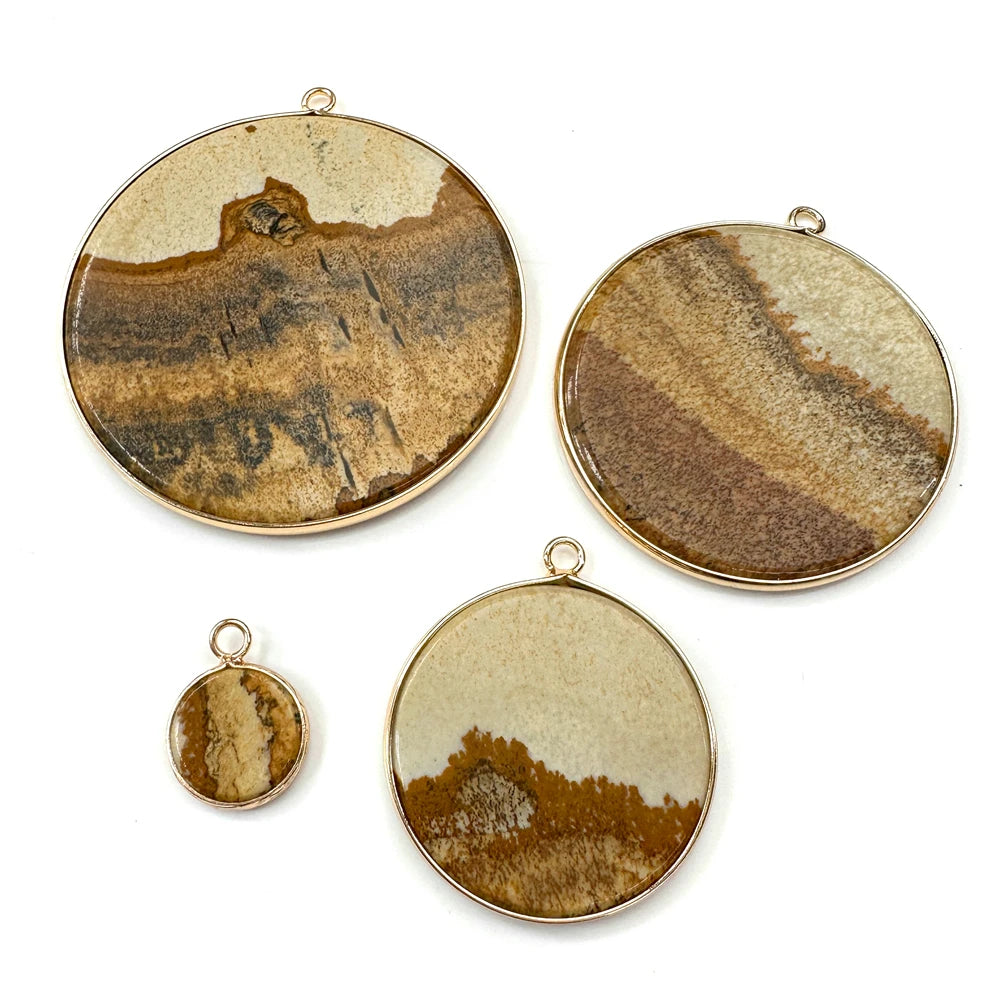 Picture Jasper Disk Round Flat Stone Reiki Healing Pendant Charm 18K Gold Plated