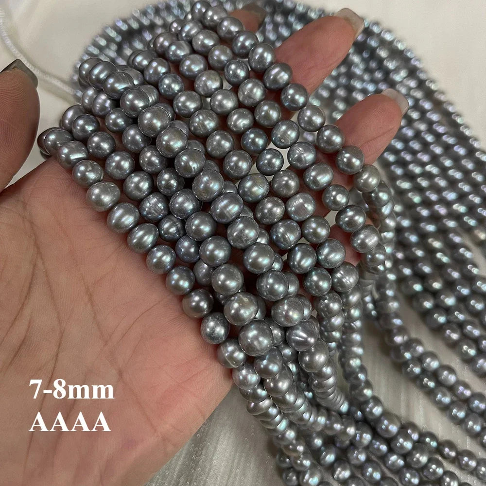 7-8mm Natural Freshwater Pearl Threaded Grey Oval Loose Bead pearls Strand