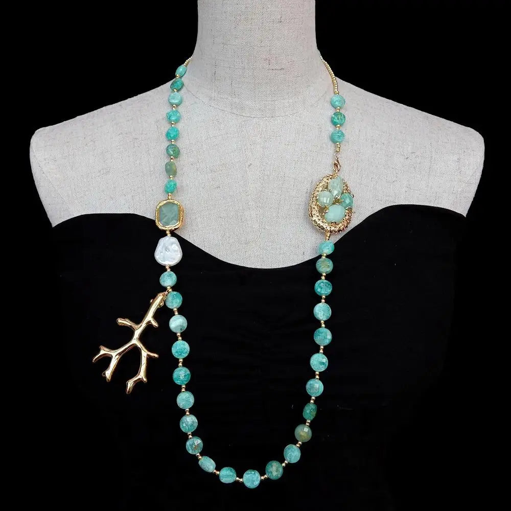 Natural Gemstone Long Necklace Green Amazonite White Keshi Pearl Resin Charm