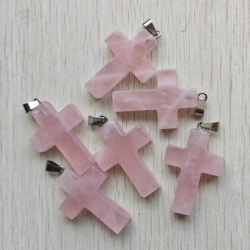 6pcs/lot Natural Rose Quartz Pink Cross shape pendants for jewelry accessories making wholesale