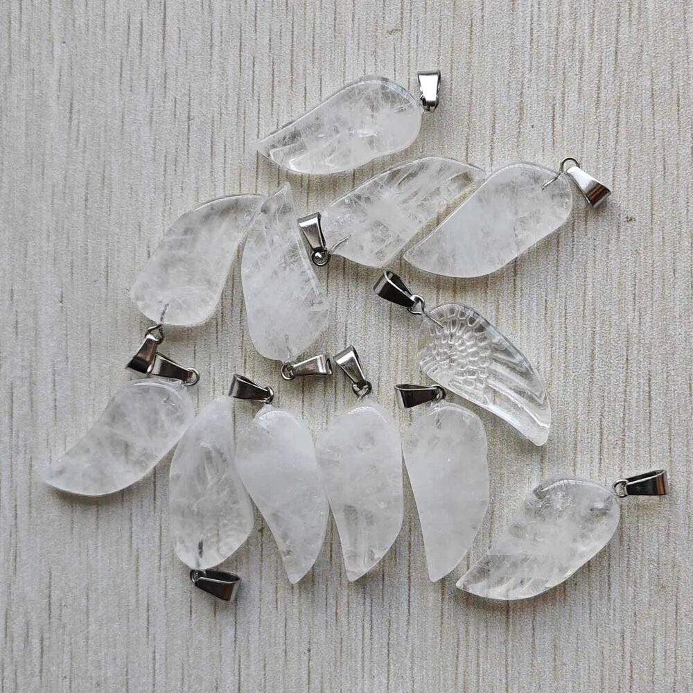 12pcs/lot natural white crystal rock quartz carved angel wings charms pendants for jewelry making