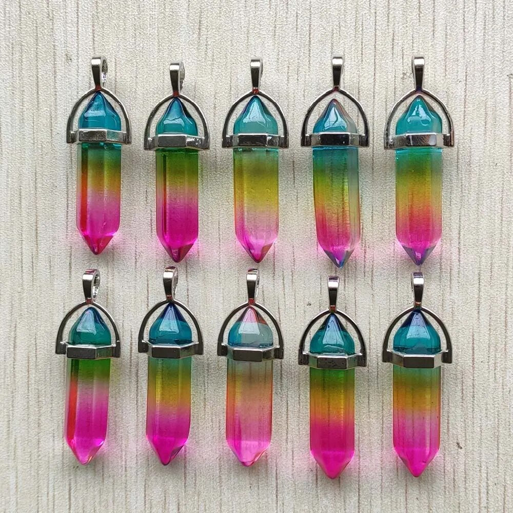 24pcs/lot Aura Quartz 3 colors pillar Point charm pendants for jewelry making Wholesale