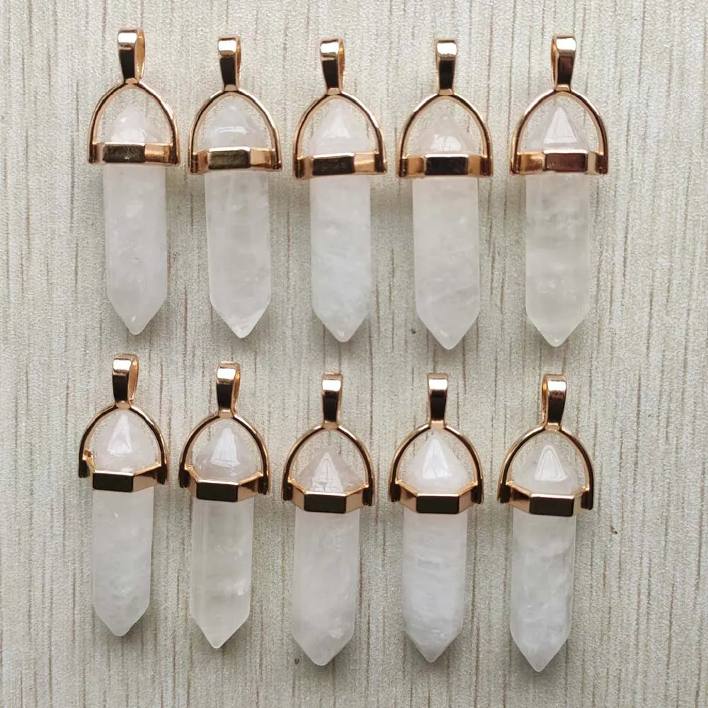 24pcs/lot Natural Rock Crystal point pillar gold color alloy pendants for jewelry making